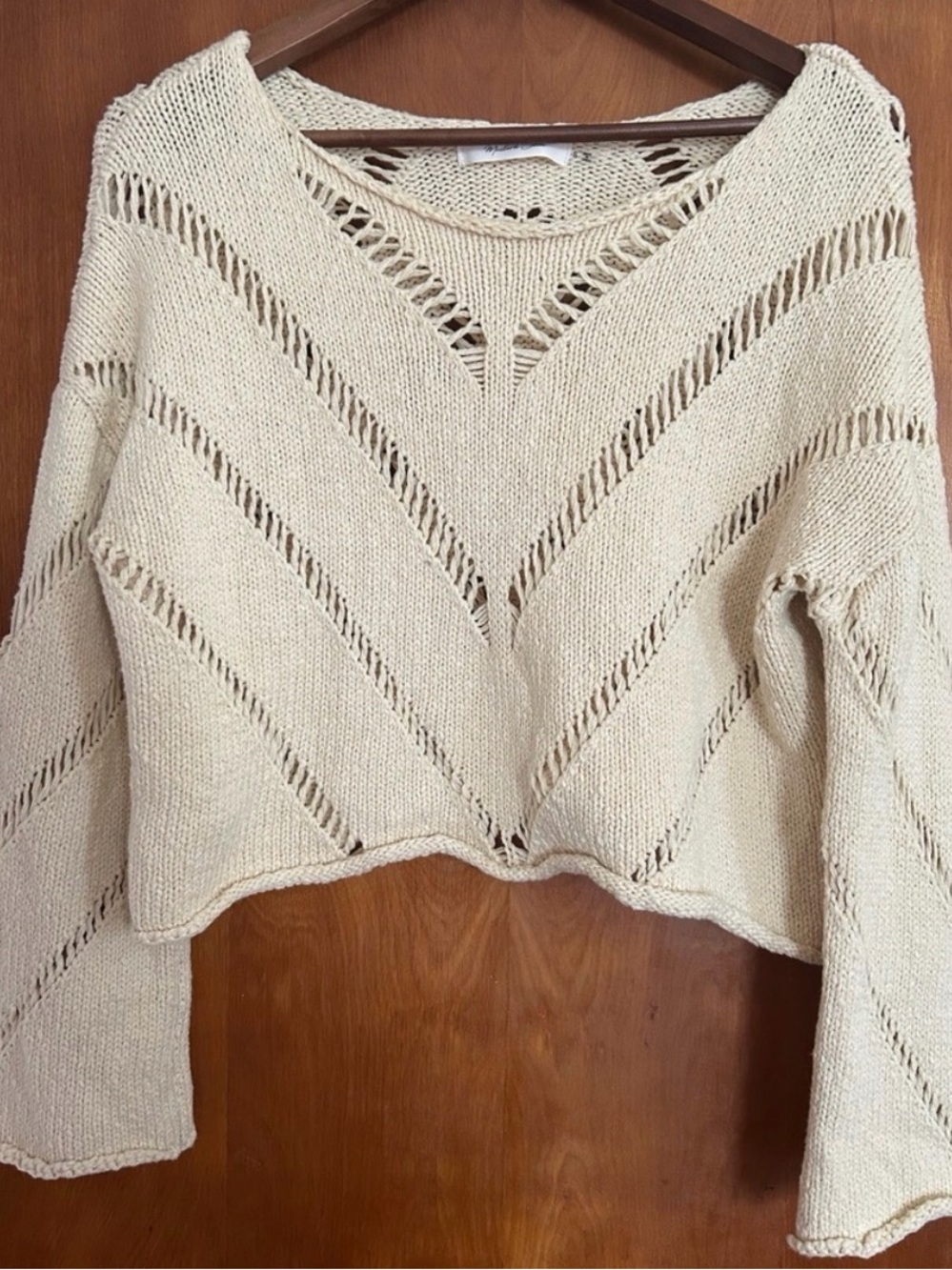 Mustard Seed 100% Cotton Cream Open-Knit Cropped Sweater